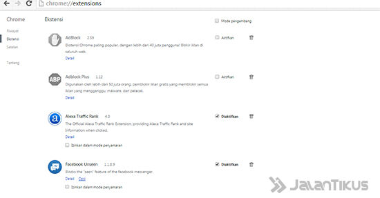 Hapus Ekstensi Yang Tidak Digunakan