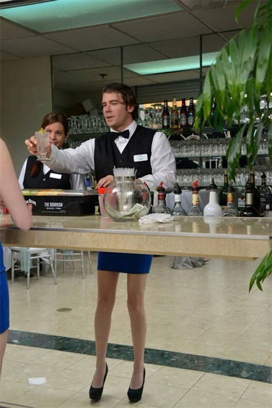 Ouy sexy! Bartenders wear skirts huh?