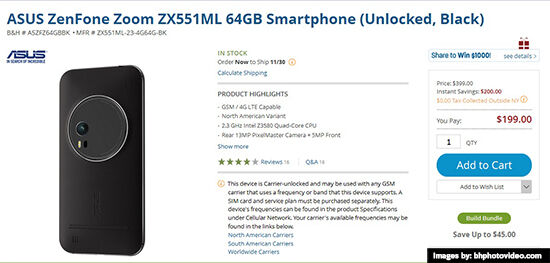 ASUS Zenfone Zoom pada laman penjualan B&H Photo dijual hanya $200
