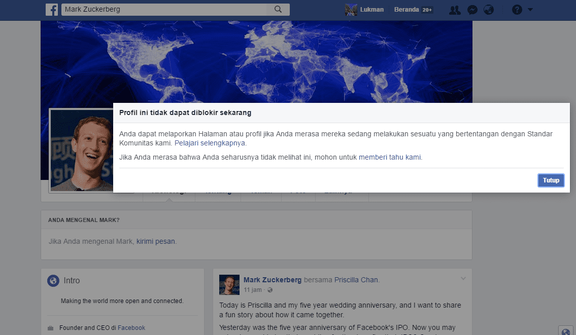 Profil Mark Zuckerberg Tidak Dapat Diblokir