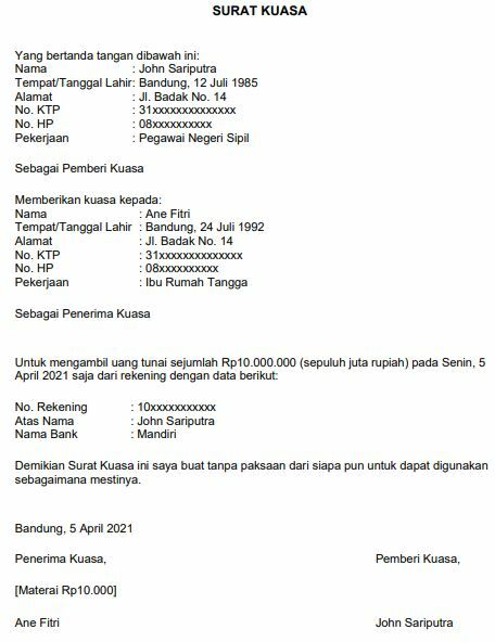 4 Contoh Surat Kuasa Pengambilan Uang di Bank | JalanTikus