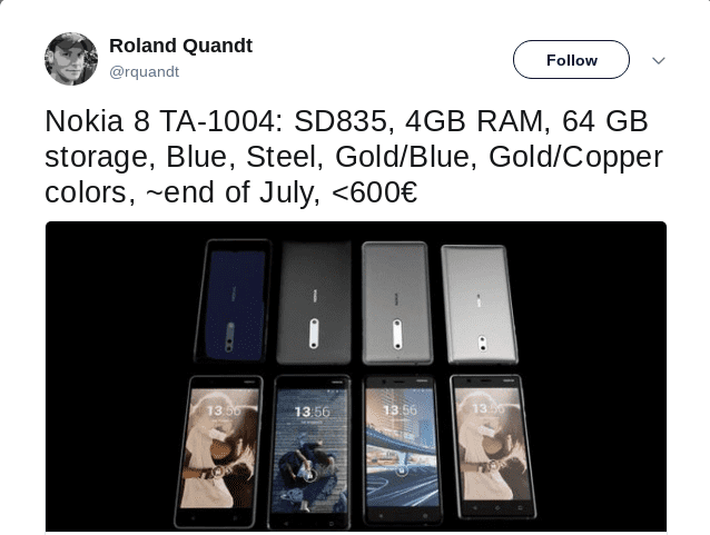 Nokia 8 dengan Snapdragon 835 RAM 4GB Segera Rilis, Harganya?