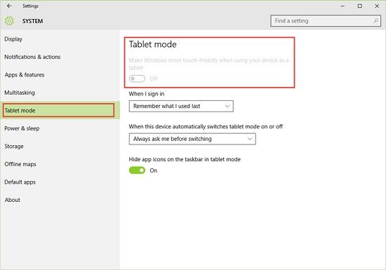 Windows 10 System Tablet Mode