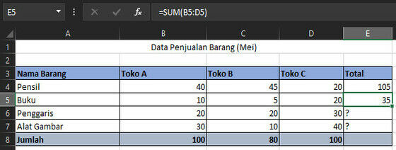 Penjumlahan Ke Samping Dengan SUM E1553