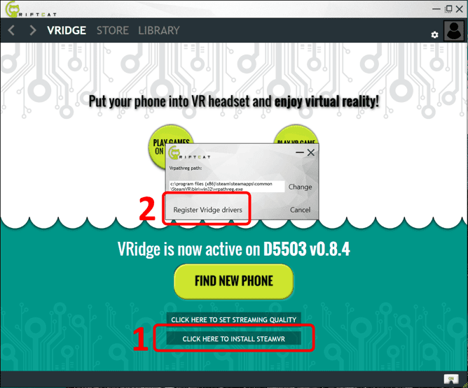 Tampilan VRidge dan tombol koneksi SteamVR
