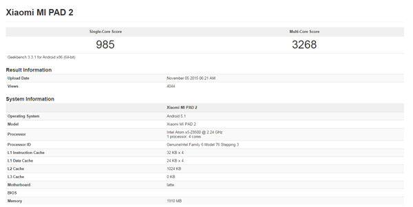 Hasil Geekbench Xiaomi Mi Pad 2 1