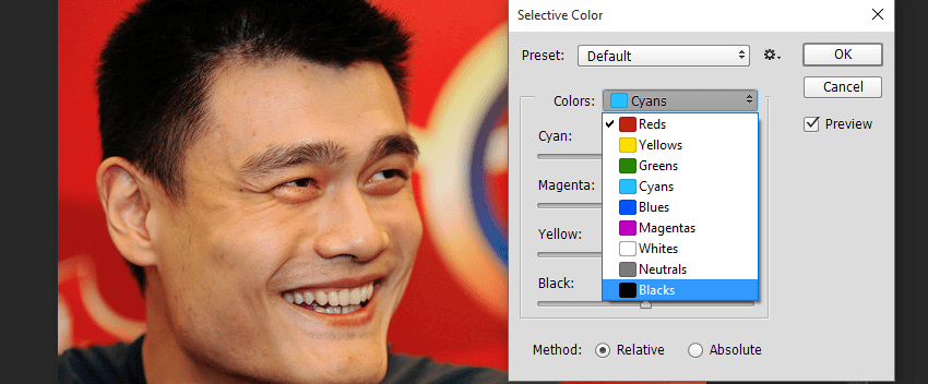 Selective Color Pilih Menu Reds Menjadi Blacks